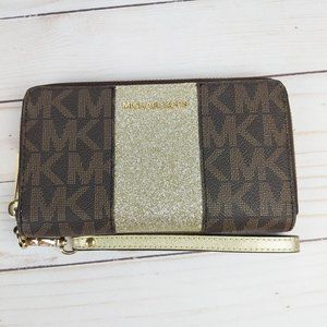Michael Kors Wallet Center Stripe Gold Brown Logo Metallic